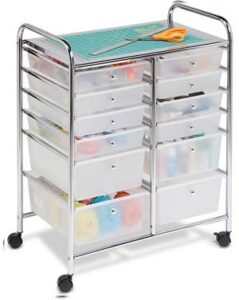 rolling cart with drawers that has 12 different sized bins