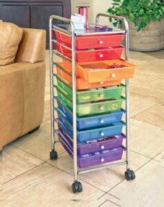 10 drawer rolling storage cart with colored bins for organizing by color