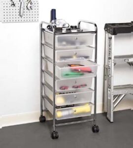 six drawer storage cart on wheels with transparent bins